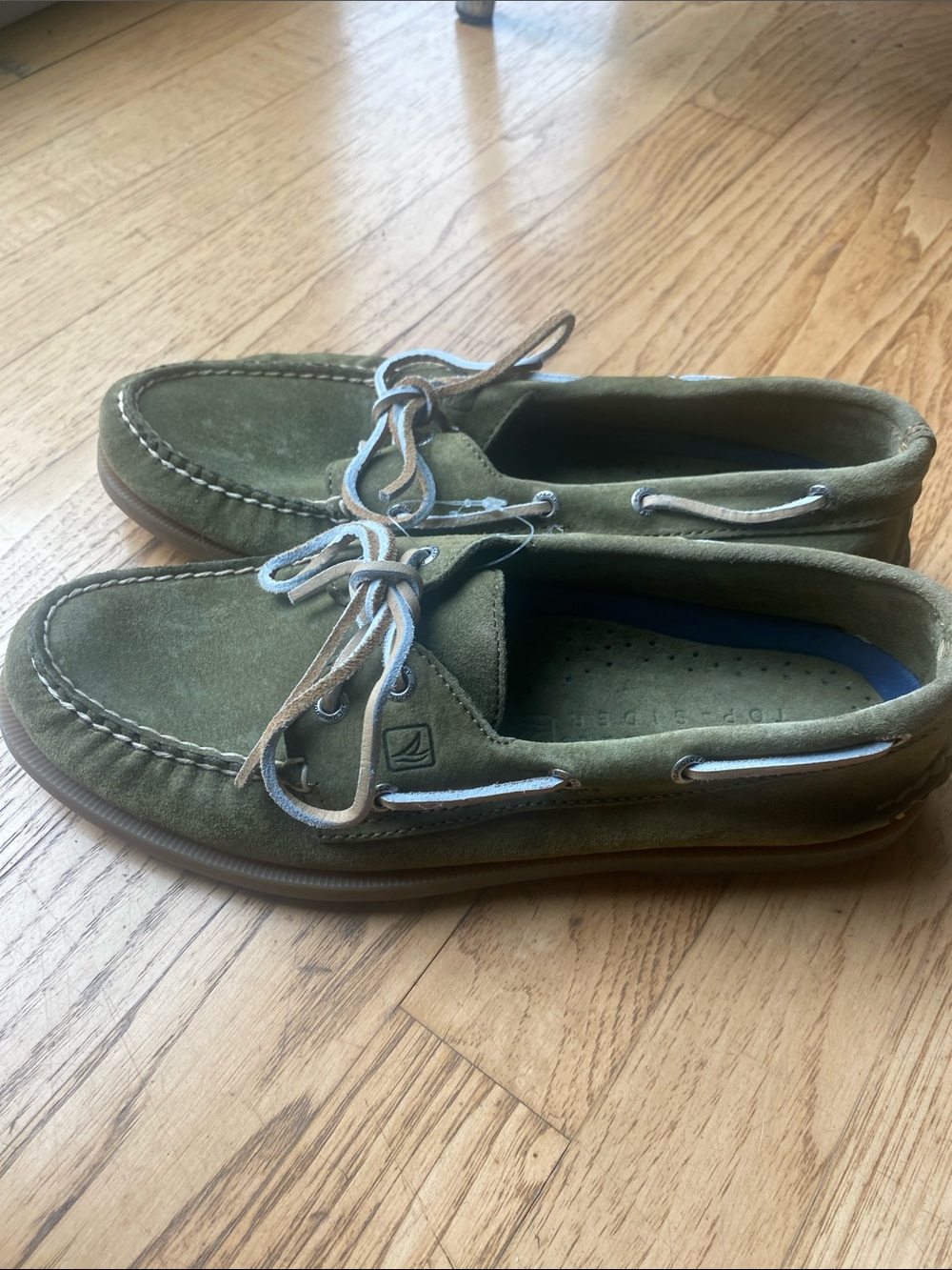 Sperry 2 eye Moss Green Suede Boat Shoes with Tan Laces